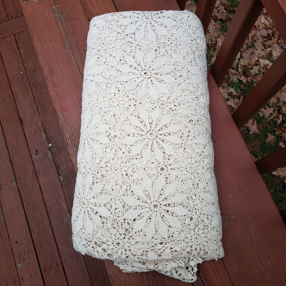 Crocheted Ivory/Cream Lace Like Tablecloth or Bedspread HAS STAINS -108.5" x 90"